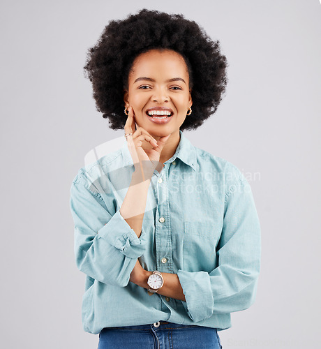 Image of Confident, happy and portrait of black woman in studio with smile, positive mindset and happiness. Business, success mockup and face of girl with confidence, pride and empowerment on white background