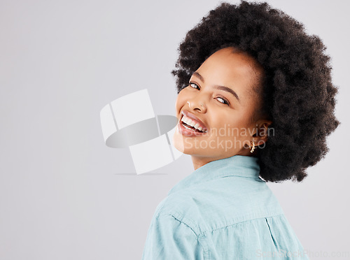 Image of Space, happy and portrait of black woman in studio with smile, confidence and happiness on white background. Fashion, success mockup and face of girl with positive mindset, pride and empowerment