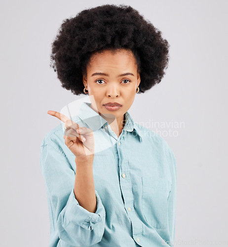 Image of Finger, serious and portrait of black woman in studio with hand gesture for disagreement, upset and anger. Mockup space, white background and isolated girl point for angry, no and disappointment sign
