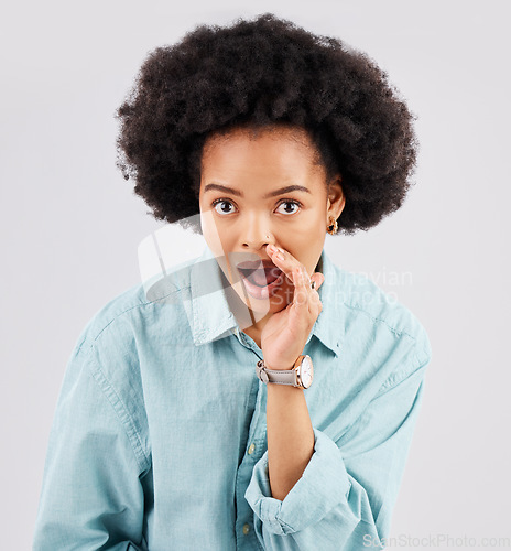 Image of Gossip, wow and woman portrait in a studio telling a secret feeling shocked and surprised. Whisper, confidential news and female showing hand over mouth from privacy with isolated white background