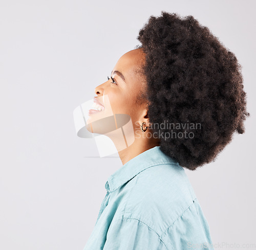 Image of Black woman, profile and happiness smile in a studio thinking and feeling relax. Isolated, white background and happy young model with youth and natural afro with female empowerment and idea