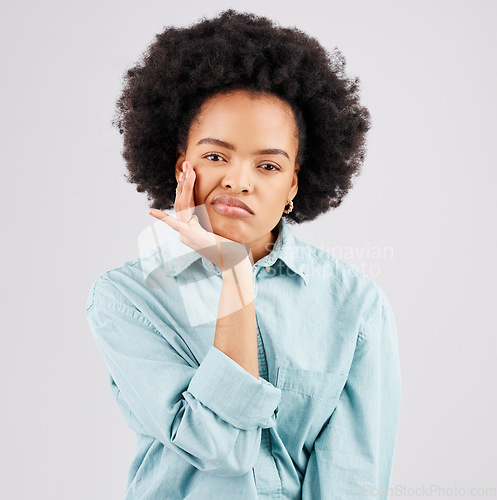 Image of Confused, unhappy and portrait of black woman in studio with upset, bored and annoyed facial expression. Depression, mockup and girl on white background with boredom gesture, sadness and thinking