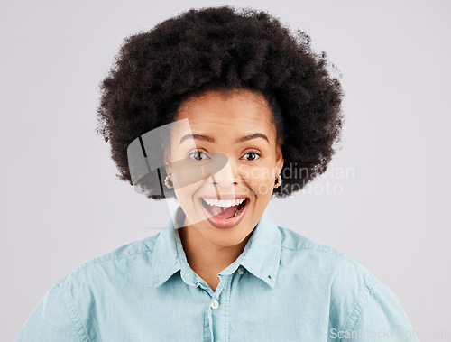 Image of Excited, surprise and portrait of black woman in studio for good news, announcement and success. Winner mockup, wow face and happy girl for promotion, bonus or winning competition on white background