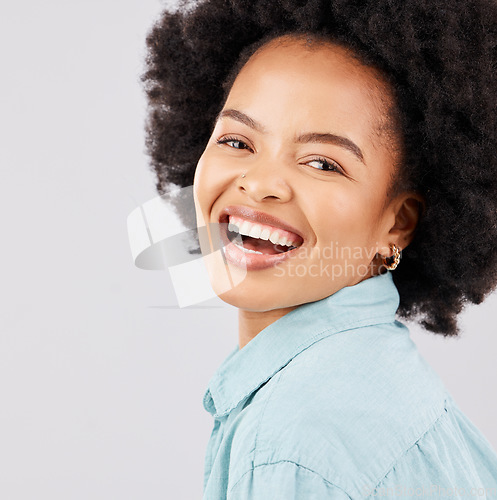 Image of Face, happy and portrait of black woman in studio with smile, confident and happiness on white background. Business, success mockup space and excited girl with positive mindset, pride and empowerment