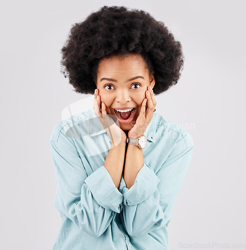 Image of Excited, surprise and face of black woman in studio for winning, achievement and celebration for good news. Success, wow mockup and isolated girl on white background omg for deal, sale and discount