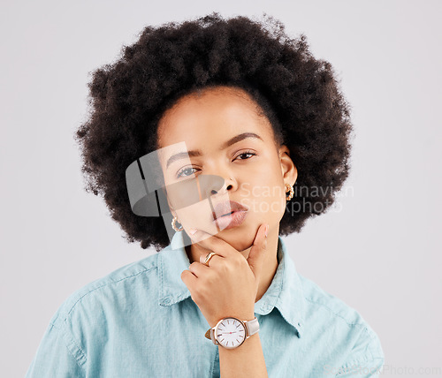 Image of Fashion, beauty and portrait of a black woman in a studio with accessories, pout and positive mindset. Stylish, trendy and headshot of serious African female model posing isolated by gray background.