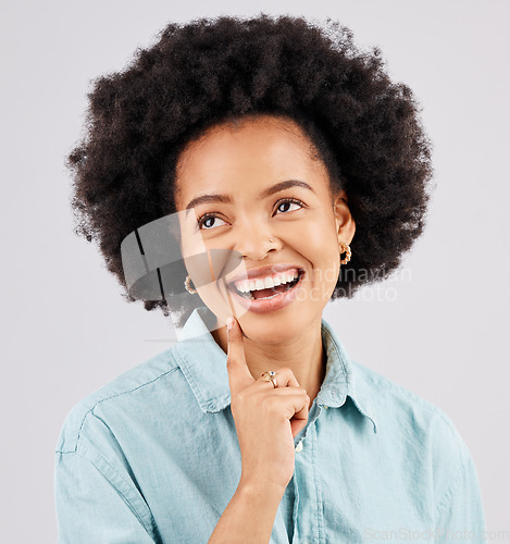 Image of Thinking, happy and face of black woman in studio with smile, confidence and happiness on white background. Business advertising, success mockup and girl with positive mindset, ideas and empowerment