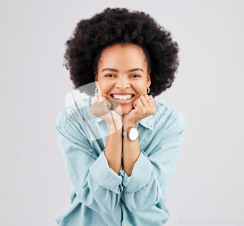 Image of Face, excited and portrait of black woman in studio smile, for good news, winning and surprise on white background. Happy, success mockup and female with positive mindset, promotion and announcement