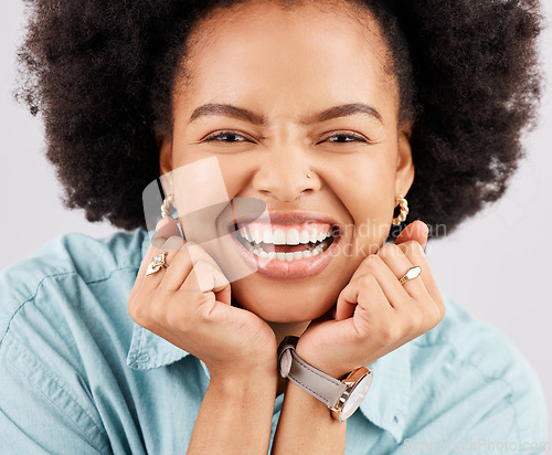 Image of Face, excited and portrait of black woman in studio with smile, confidence and happiness on white background. Happy, success mockup and zoom of girl with positive mindset, promotion and winning bonus