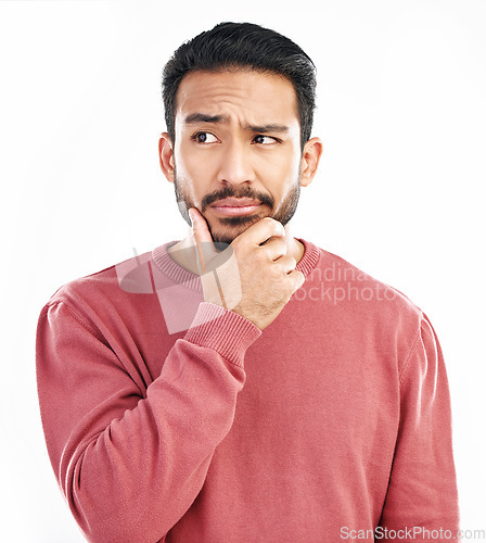 Image of Confused man, thinking and why face in studio, white background and doubt of ideas, planning and questioning. Unsure male model curious of decisions, remember memory and reaction emoji for solution