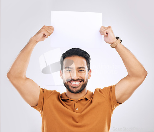 Image of Poster, happy man and portrait mockup with marketing placard, studio advertising banner or product placement. Logo mock up, billboard or promotion sign for brand person isolated on white background