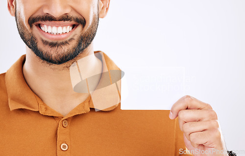 Image of Business card mockup, happy man and studio smile with marketing placard, advertising contact info or product placement. Mock up copy space, promotion sign or brand person isolated on white background