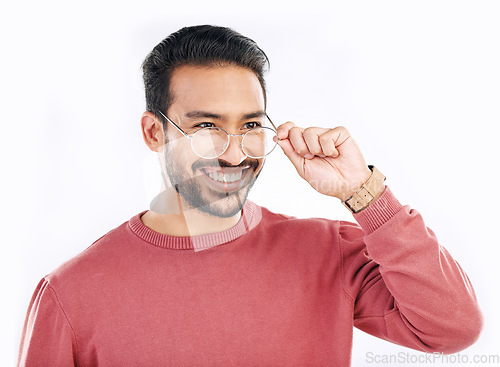 Image of Glasses, studio and happy man face with a smile from eye care or prescription vision mockup. Isolated, white background or happiness of Asian male model in casual style fashion, frame or lens eyewear