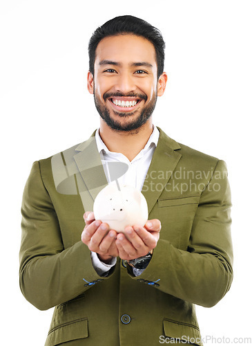 Image of Smile, piggy bank and portrait of man in studio, happy financial freedom and savings on white background. Happiness, businessman with money box and saving, investing in small business startup plan.
