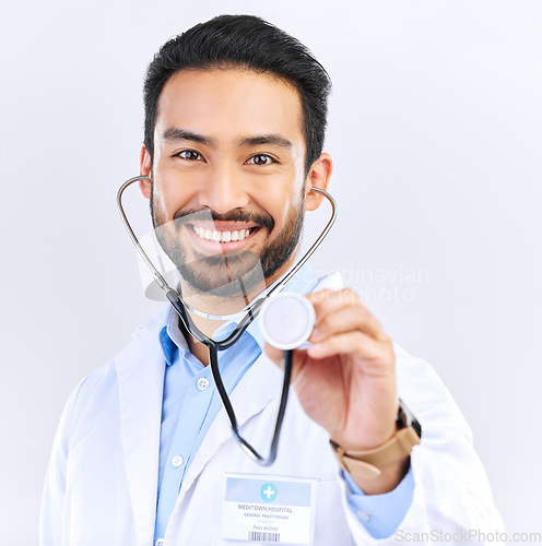 Image of Doctor, man and listening with stethoscope in portrait, smile and cardiovascular health isolated on white background. Medical professional, happy male physician in studio and cardiology and surgeon