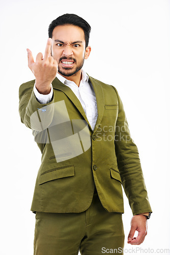 Image of Angry, stress and portrait of man with a middle finger isolated on a white background in studio. Crazy, anger and a frustrated Japanese businessman showing an offensive, vulgar and rude hand gesture