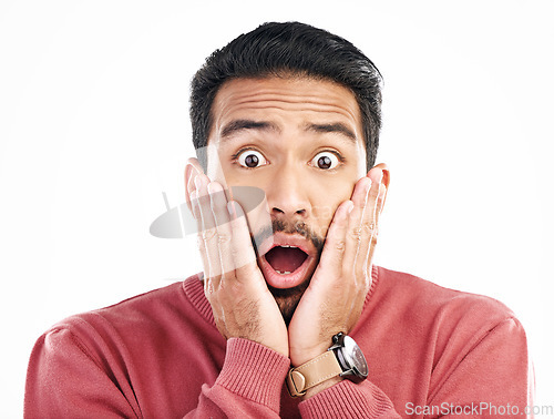 Image of Portrait, wow and Asian man surprise, excited and happiness isolated against a white studio background. Face, Japanese male and guy with shock, facial expression and announcement with good news
