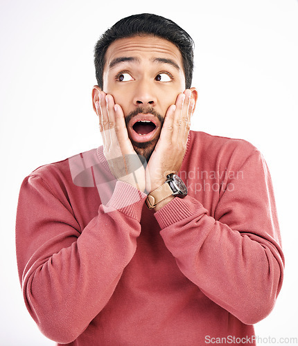Image of Surprise, wow and Asian man excited, face and happiness isolated against a white studio background. Japan, male and guy with facial expression, emoji and success with unexpected and good news