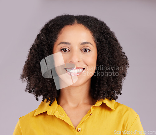 Image of Happy business woman, portrait and confidence in career success with positive mindset on studio background. Headshot, corporate and female smile with professional mission, empowerment and pride