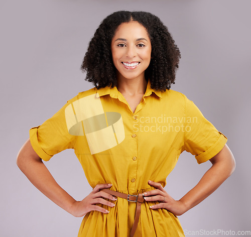 Image of Business woman, happiness in portrait with confidence and career success with positive mindset on studio background. Corporate female smile, professional person and happy with empowerment and pride