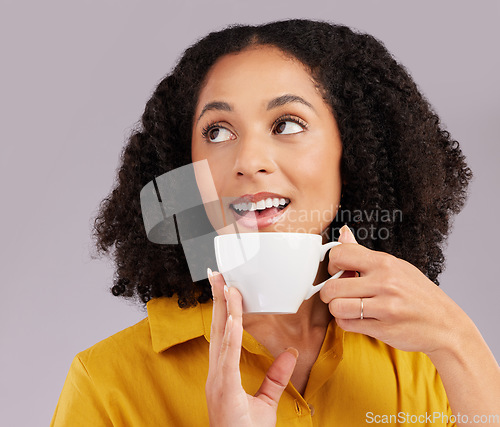 Image of Thinking, happy and a woman drinking coffee for a break isolated on a white background in a studio. Idea, relax and a girl with a warm drink, tea or beverage while contemplating on a backdrop