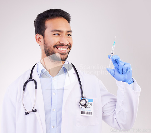 Image of Healthcare, man and doctor with vaccine, injection or shot in studio against a white background. Medicine, vaccination and happy male expert with needle for medical, protection or disease treatment