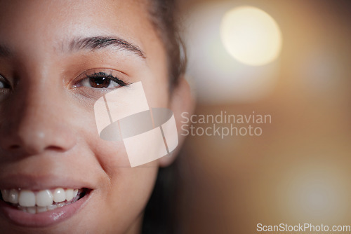 Image of Beauty, half face and portrait of a woman with a smile and positive happy mindset by bokeh. Happiness, excited and female model with a cosmetic facial treatment by a blurry background with mockup.