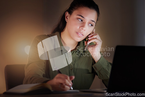 Image of Night, phone call and woman planning, writing and new project with ideas, evening and notes. Female employee, entrepreneur or lady with strategy, profit growth or overworked in workplace and talking