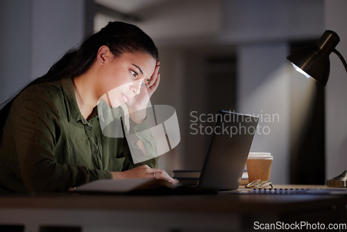Image of Headache, woman with laptop at night and burnout, glitch or 404 with corporate stress and fatigue, pain and crisis. Young female working late, deadline and migraine with anxiety and mental health