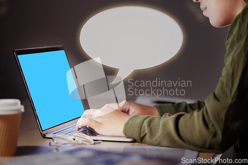 Image of Speech bubble, green screen and woman on laptop for social media in marketing office at night with mockup. Poster, banner and hands of female corporate employee online for branding, design or logo