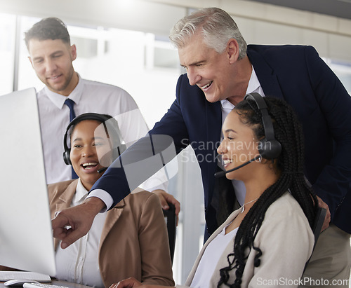 Image of Training, happy team or manager in call center coaching telemarketing in customer services in office. Leadership, crm contact us or mentor teaching an insurance agent on new job tasks on a computer