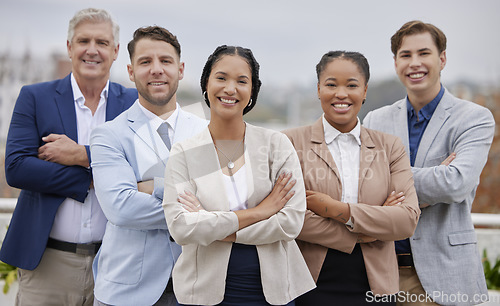 Image of Portrait, business and employees with arms crossed, teamwork and management skills. Female leader, staff and coworkers with leadership, group project and profit growth with manager and confidence