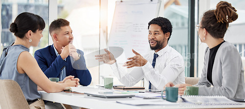 Image of Black man, business and leader with staff, meeting and planning for profit growth, financial group and share ideas. African American male ceo, employees and coworkers brainstorming and feedback