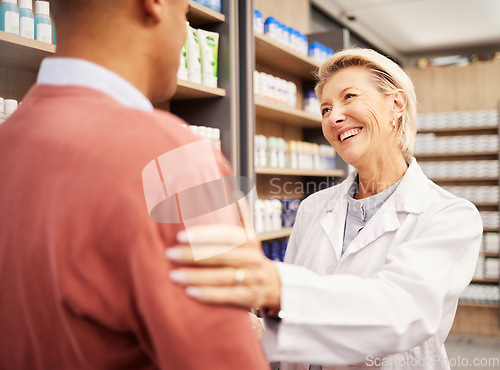 Image of Man shopping, support or happy pharmacist in pharmacy for retail healthcare information with smile or care. Trust, woman or senior doctor helping customer with medication advice or medical drugs