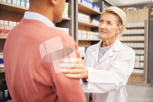 Image of Man shopping, support or pharmacist in pharmacy for retail healthcare information with empathy or care. Trust, woman or senior doctor helping customer with medication advice or medical store drugs