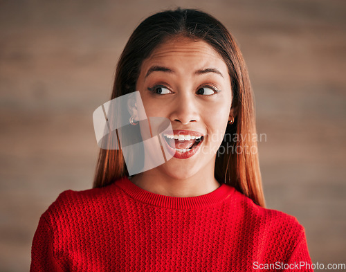 Image of Surprise, excited and face of woman with smile on wall background for good news, announcement and sale. Red fashion, beauty and happy girl with cosmetics for advertising, marketing and discount