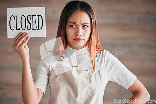 Image of Finance crisis, inflation and woman with closed sign, anger and entrepreneur with failed company. Entrepreneurship, small business owner and upset lady with poster, announcement and bankruptcy