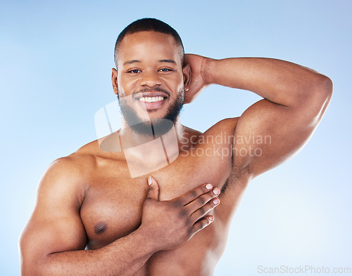 Image of Body wash, cleaning and man portrait in a studio with happiness from wellness and hygiene. Armpit, shower and clean skincare of a happy African model with a smile from washing, grooming and self care