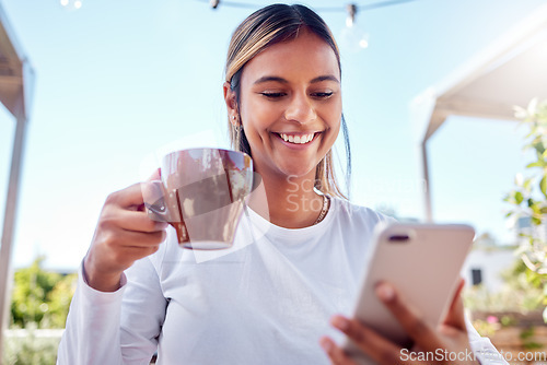 Image of Cafe, coffee and woman with smartphone, smile and connection with social media, typing and share post. Female, outdoor and happy lady with cellphone, cup and cappuccino with happiness and mobile app