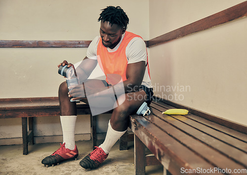 Image of Sports, protein shake and black man in locker room with drink, milkshake and healthy smoothie for energy. Fitness, health and male athlete with nutrition beverage for training, exercise and workout