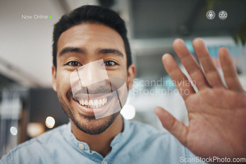 Image of Portrait, video call and wave by man in office, happy and smile for online followers on blurred background. Face, hand and businessman influencer live streaming at work for content creation or blog