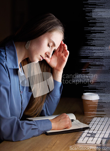 Image of Data overlay, night and woman with headache in programming analysis, glitch or analytics depression, burnout or fatigue. Business person with stress, migraine and coding 404 on information technology