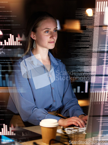 Image of Woman typing, coding and data analytics hologram of dashboard at night, digital overlay and stock market statistics. Trading, information technology and keyboard, female coder and fintech with graph