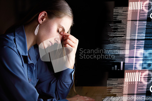 Image of Woman, headache and tired, code and programmer, burnout and working night, stress migraine and mental health. Fatigue, overworked and stock market crash, overlay and stocks dashboard with brain fog