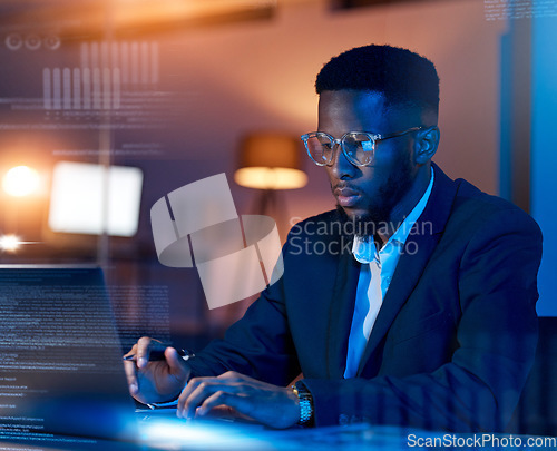 Image of Black man in business, code with laptop and hologram, analytics and programmer in office at night, dashboard and overlay. Information technology, data analysis and graph with software development