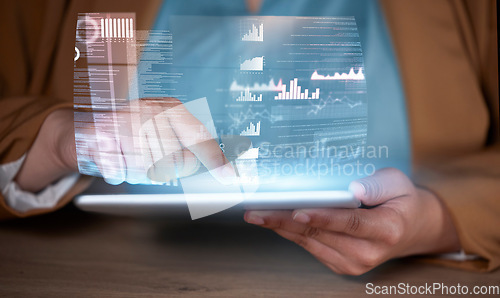 Image of Data tablet hologram, global analytics and hands working on futuristic software in the dark. Finance database, virtual overlay and financial website work at night with a user and focus at office