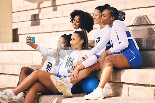 Image of Sports, team or netball friends selfie for fitness, workout or training achievement memory for social media. Exercise, girl sport and happy women for diversity photograph or online students blog