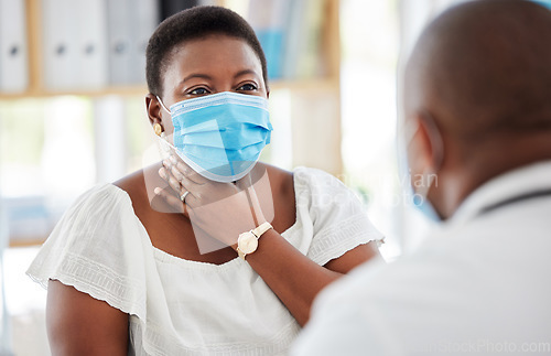 Image of Black woman, sore throat and face mask, doctor and patient in hospital, medical examination and symptoms. Healthcare, virus with covid and communication, people in clinic with health insurance