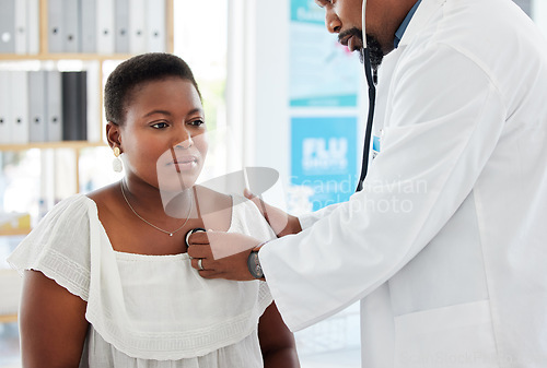 Image of Healthcare, doctor listen to patient heartbeat and stethoscope, black people in hospital with medical consultation. Cardiology, heart and health insurance, woman and man at clinic with examination