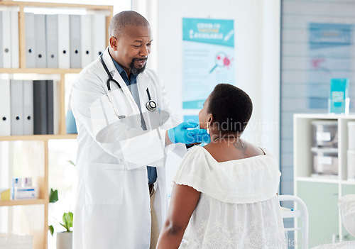 Image of Black man, senior doctor and patient with sore throat, medical examination, consultation in hospital and healthcare. Communication, woman and man check tonsils with medicine professional and health